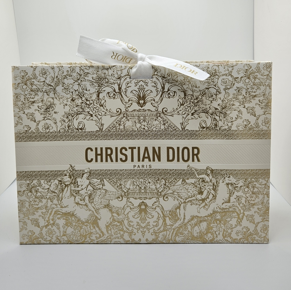 DIOR Gift Bag - Gold White Ribbon Collapsible 9.5 x 7 x 3.5" Holiday Print LE
